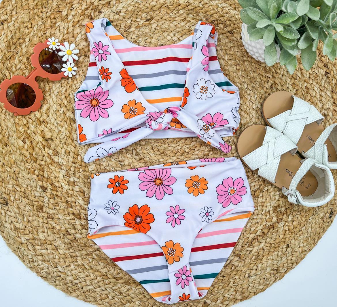 RTS: Retro flower and stripes kids reversible swim