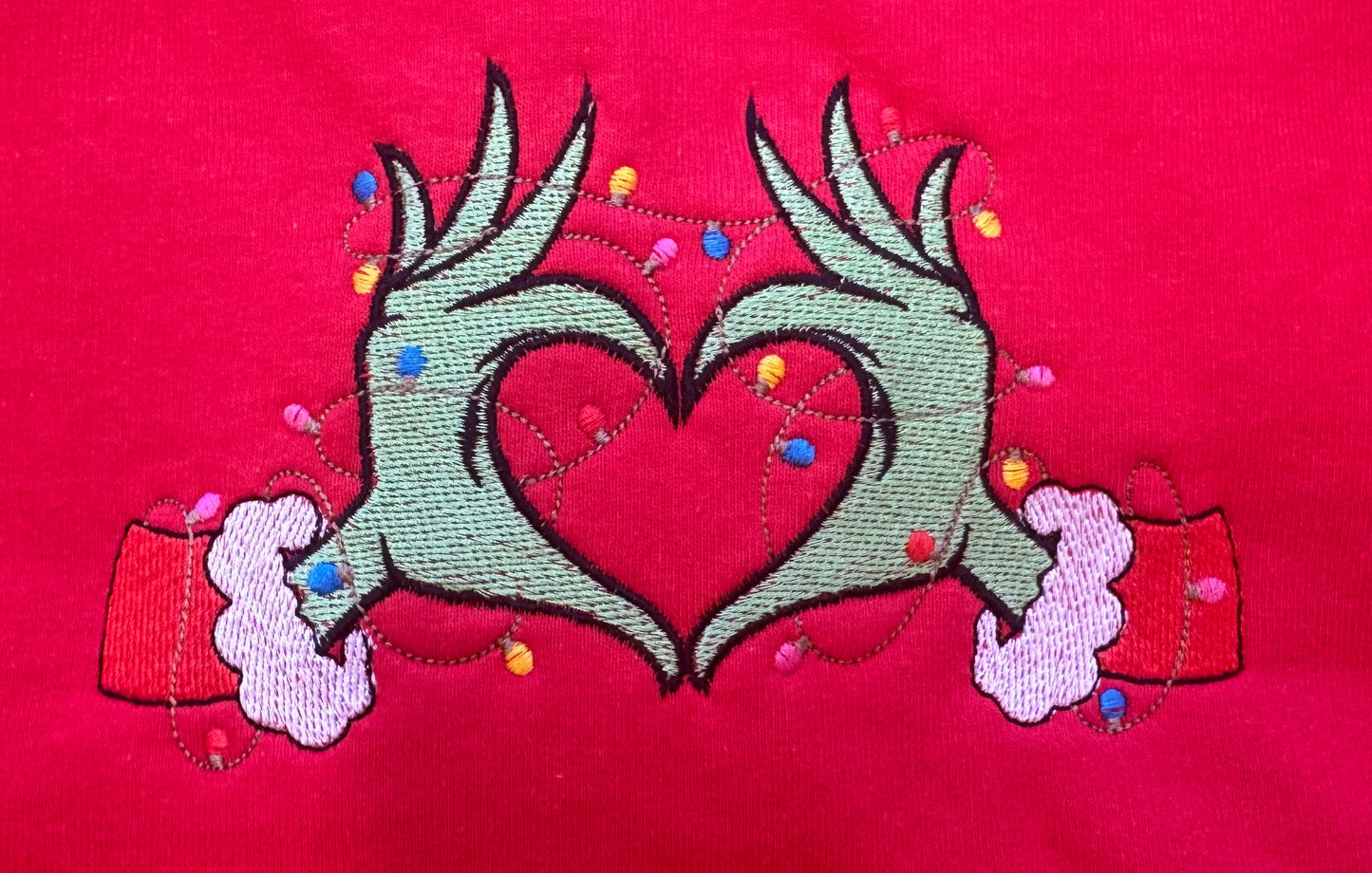 Embroidered Grinch Heart Hands Sweatshirts - Youth and Adult