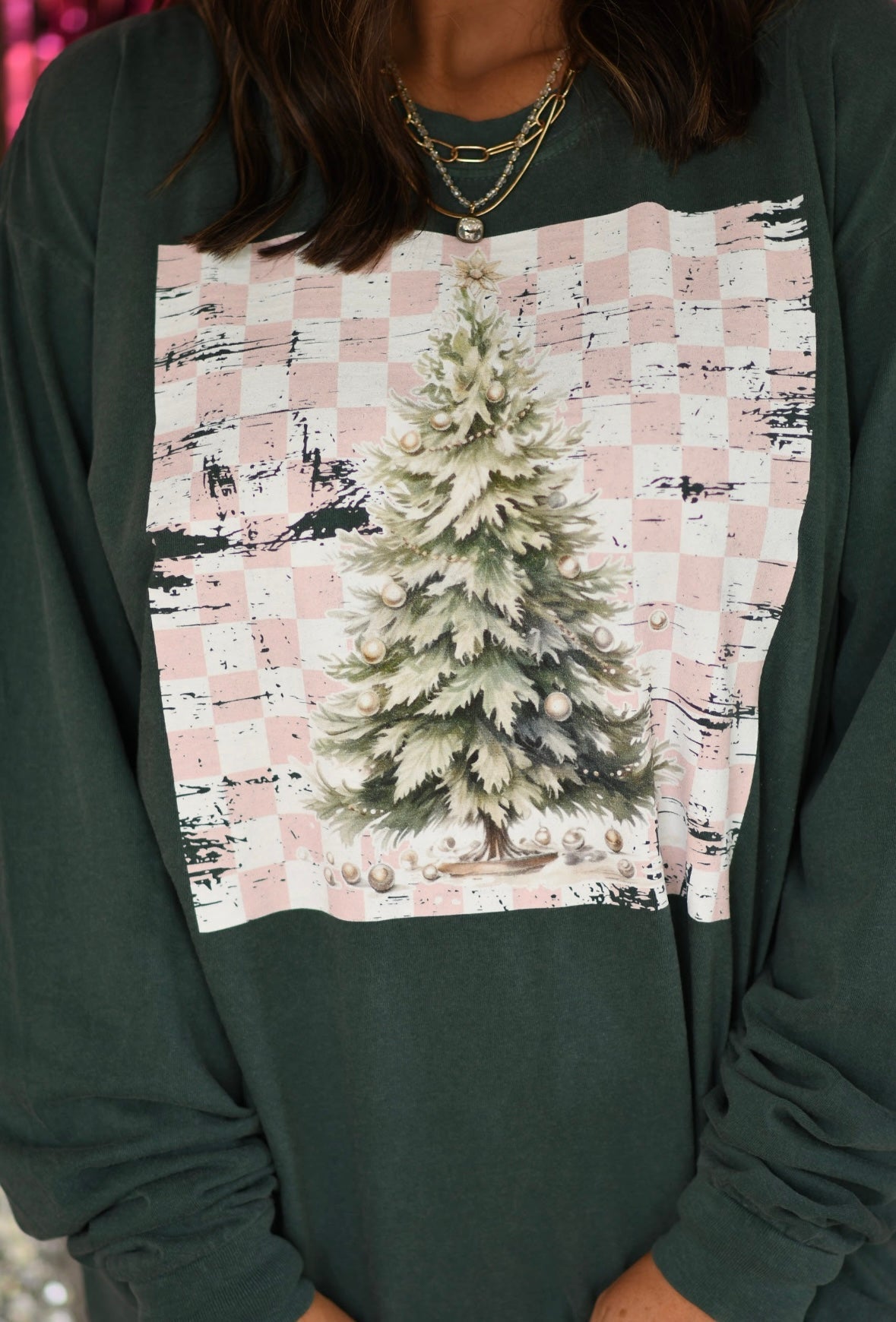 Pink Distressed Checkered Christmas Tree Tee - Short or Long Sleeve