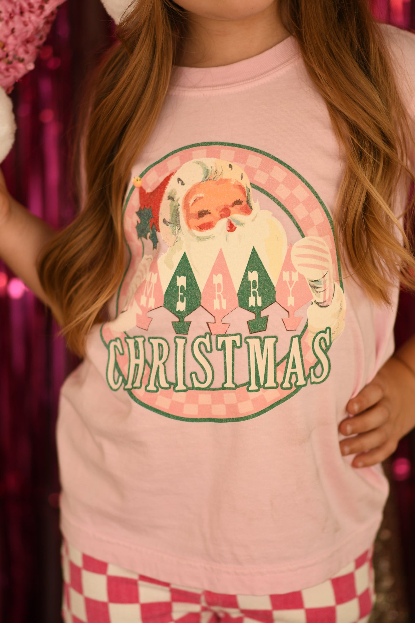 Merry Christmas Retro Santa Checkered Tee- Youth and Adult - Long or Short Sleeve