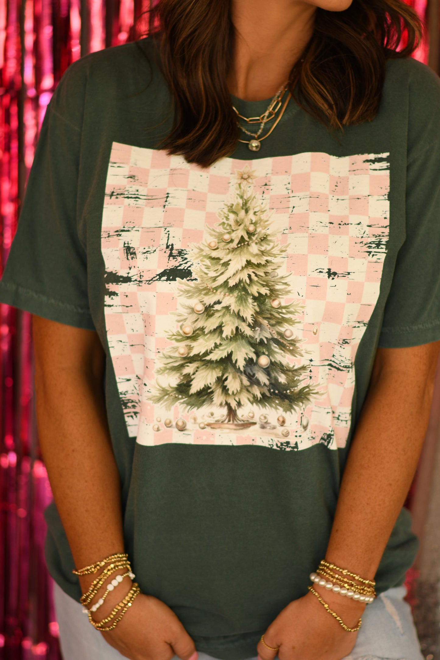 Pink Distressed Checkered Christmas Tree Tee - Short or Long Sleeve